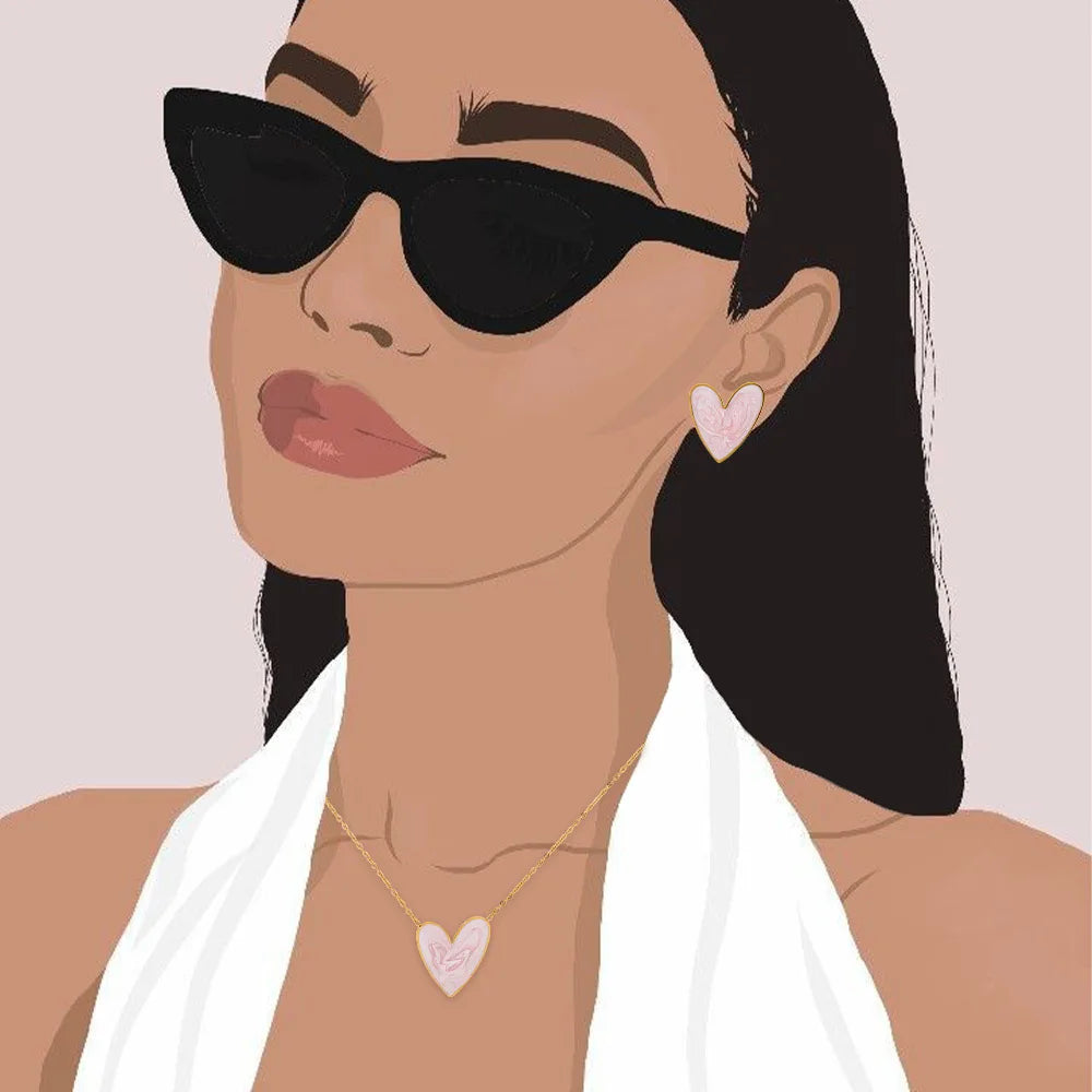 18K Gold PVD Plated Stainless Steel Colorful Enamel Heart Necklace Earring Set For Women Spring Summer Jewelry  Waterproof