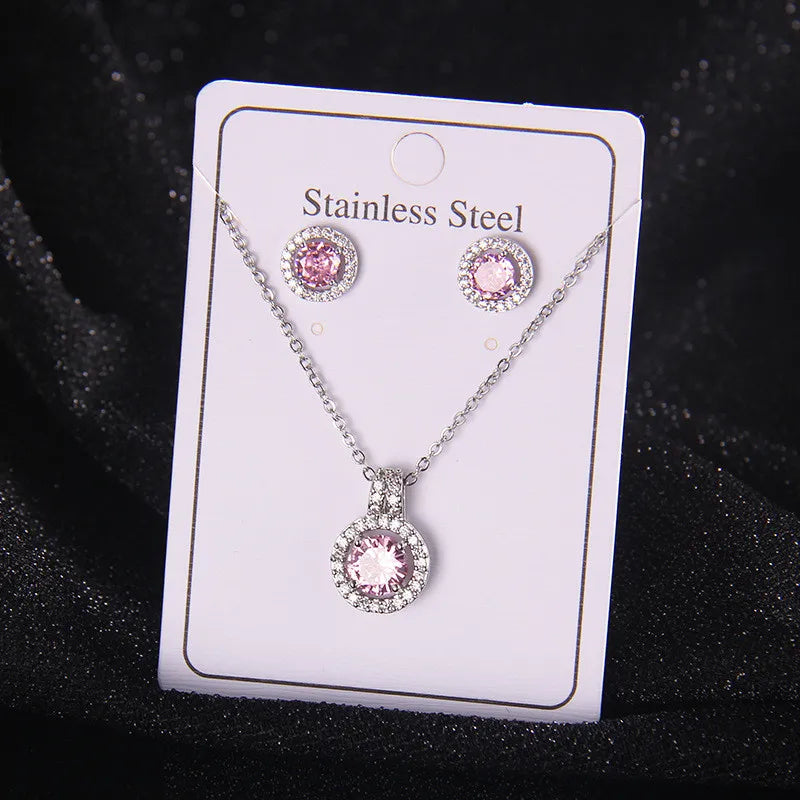High Grade Round Zircon Jewelry Set Trendy Popular Stainless Steel Pendant Necklace Stud Earrings Party Gifts For Women Girls