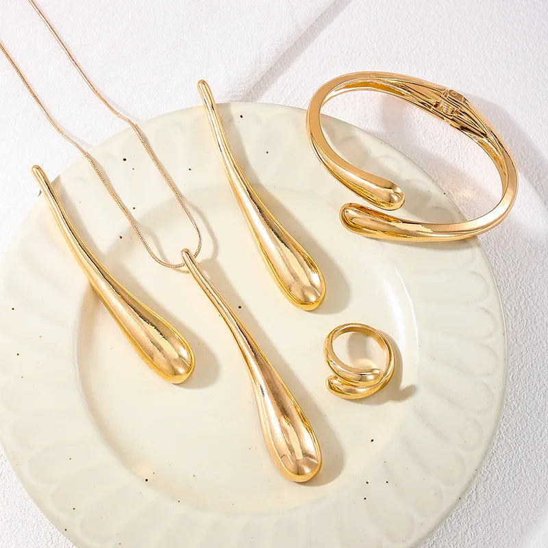 Personalized Water Drop Pendant Necklaces Bangles Rings Earrings Set Women Punk Gold Silver Color Metal New Hip Hop Jewelry Set