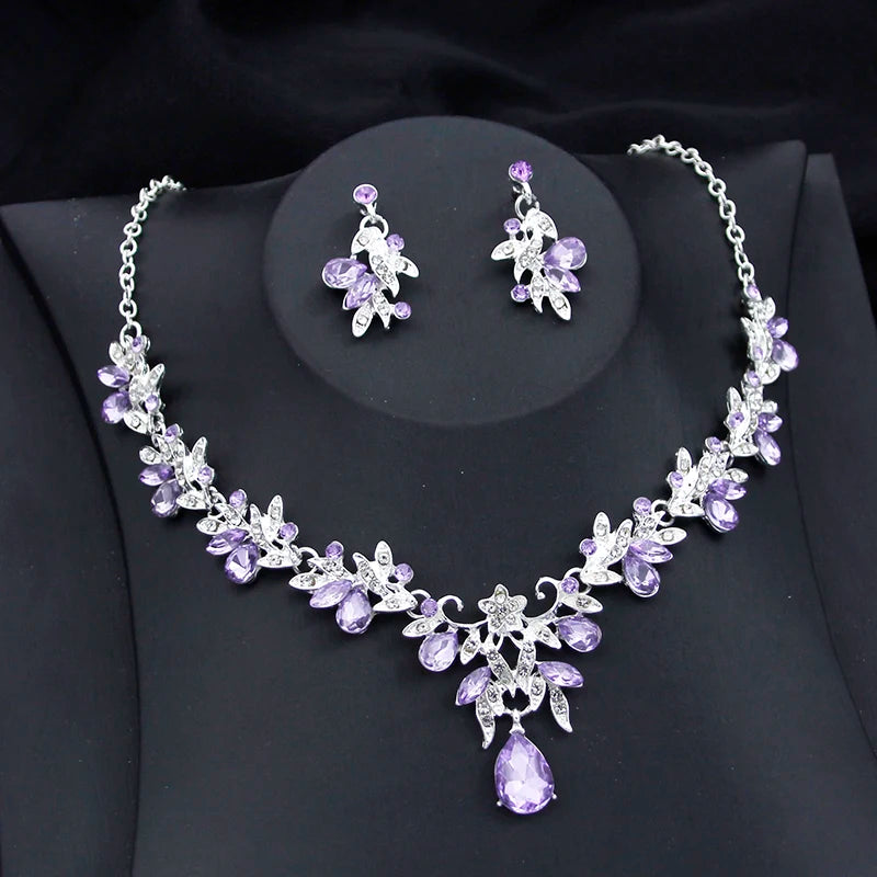 Exquisite 2 pcs set Flower Pink AB crystal bridal wedding jewelry sets for women dangle earrings and necklace sets Blue Green