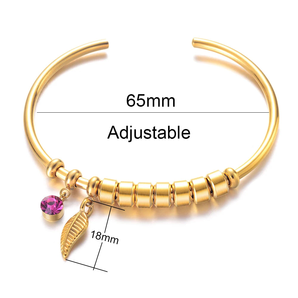 Customized Names Bracelet for Women with 12 Colors Birthstone Bohemia Leaf Bangles Personalized Stainless Steel Open Cuff Gifts