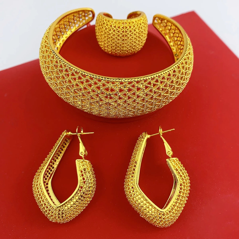 Luxury Dubai Gold Plated Bracelet Ring Earrings 3pcs Jewelry Sets For Women Wedding African Indian Jewellery Anniversary Gifts