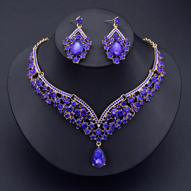 Champagne Colors Bridal Earrings Necklace Set Water Drop Rhinestones Crystal Adjustable Dubai Jewelry Set for Wedding Bride