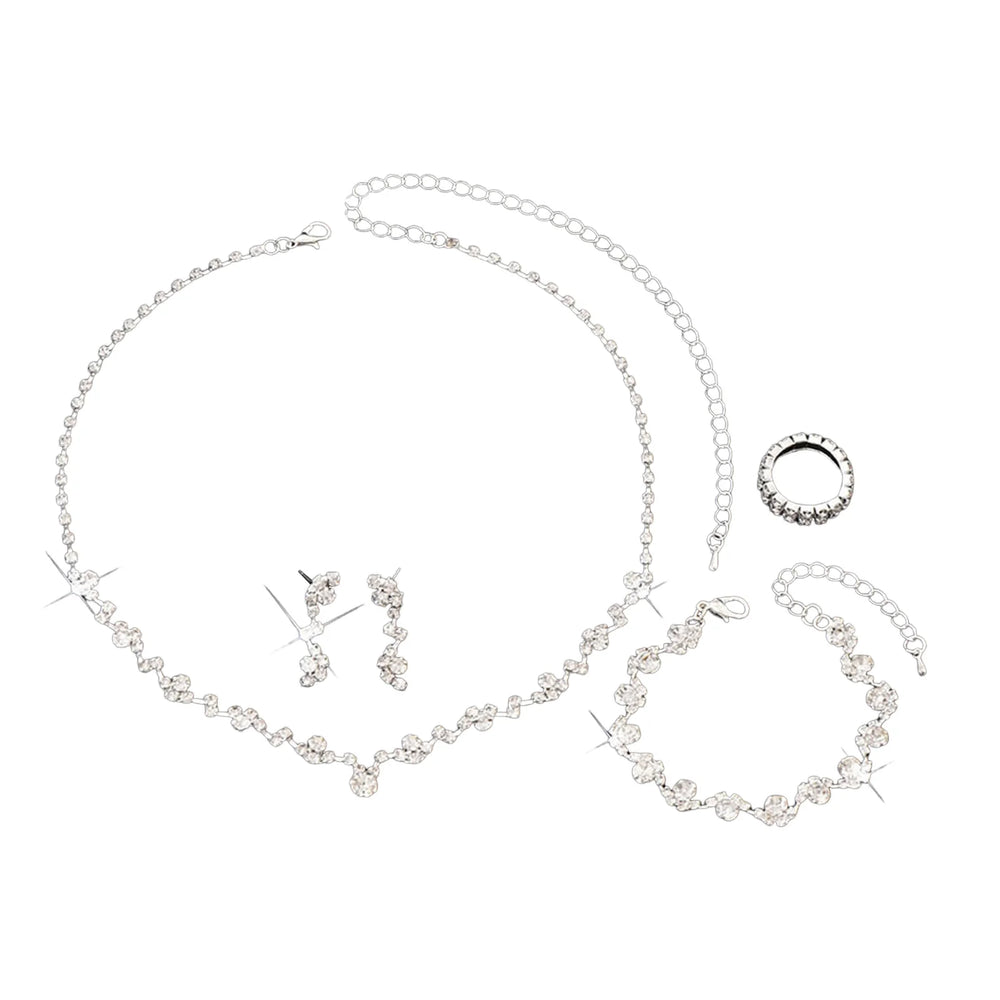 Rhinestones Necklaces Shiny Earrings Bracelet Ring Sets Wedding Jewelry Set For Women Dazzling Diamond Kit Bridal Jewellery