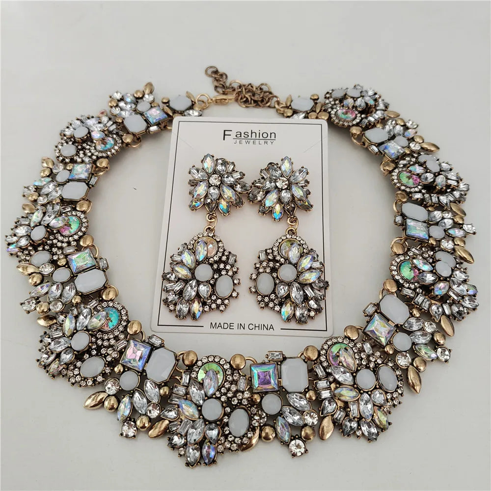 2025 New Fashion Crystal Rhinestones Large Collar Choker Necklace Earrings Women Jewelry Sets Indian Statement Wedding Necklace