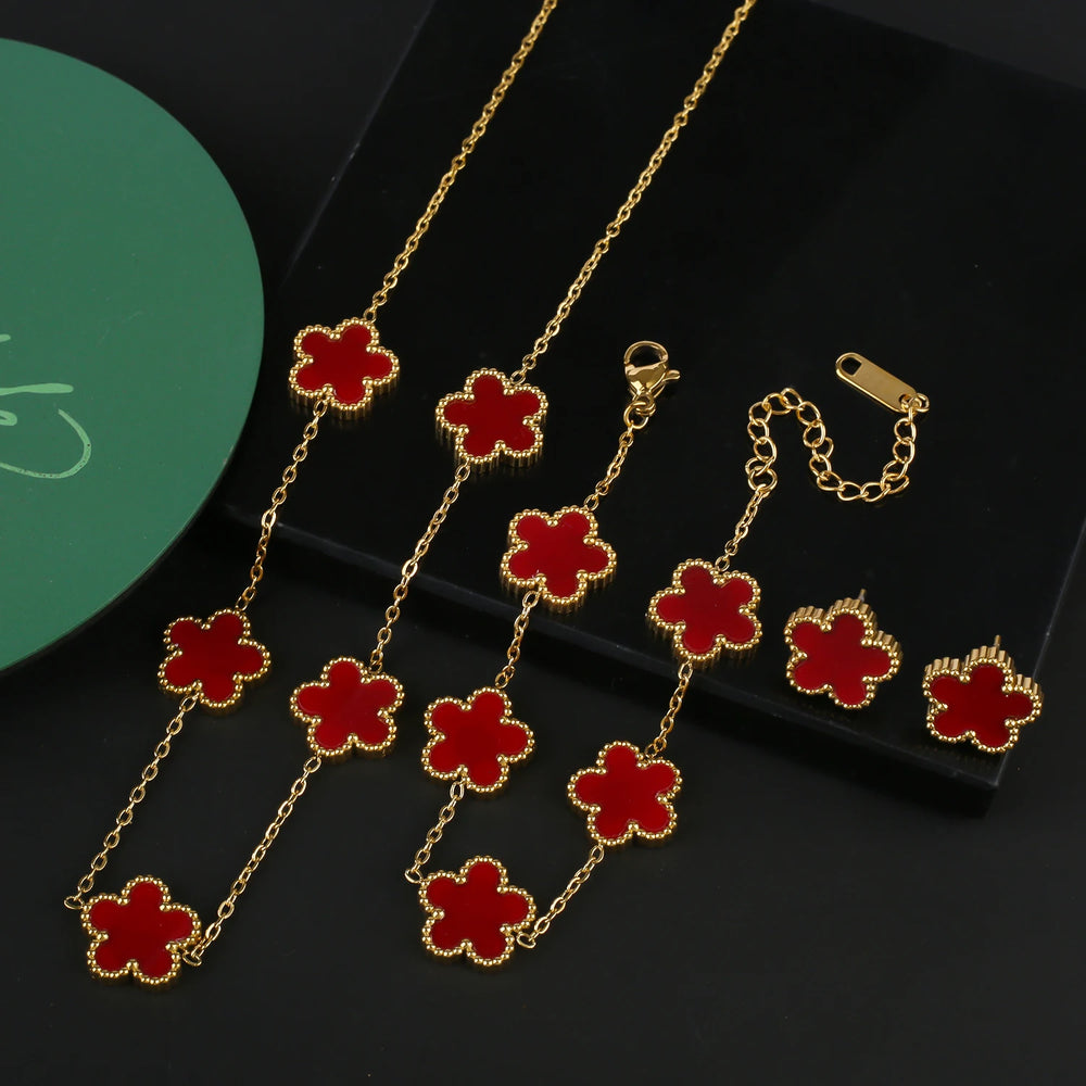Hot Sale Stainless Steel Five Flower Clover Bracelet Jewelry Set Necklace Earrings For Woman Daily Wear Brand Jewelry