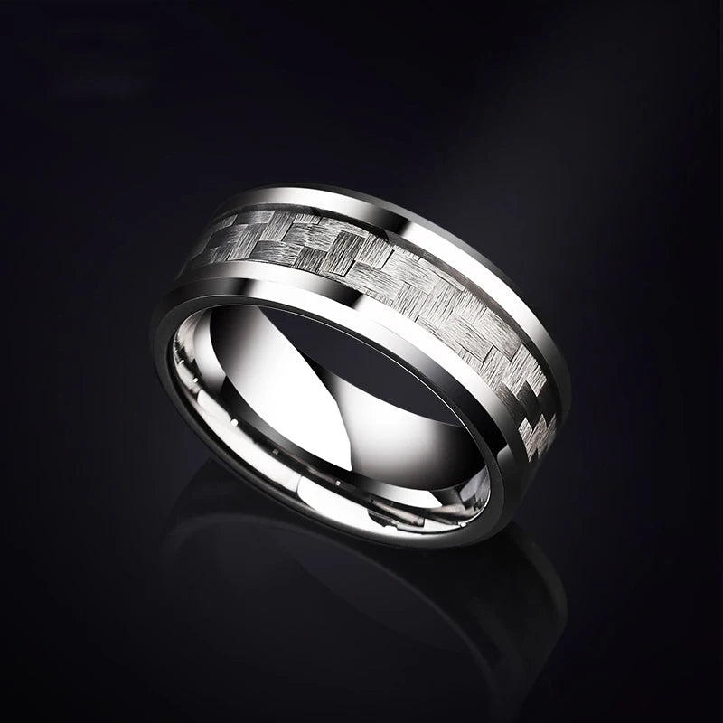 8mm Width Tungsten Engagement Rings with Name for Men High Polished Inlay Black/White Carbon Fiber Size 6-14 Free Engraving