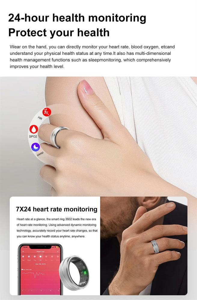 Smart Ring Men Women IP68 Waterproof Heart Rate Blood Oxygen Sleep Health Monitor Sport Fitness Health Ring