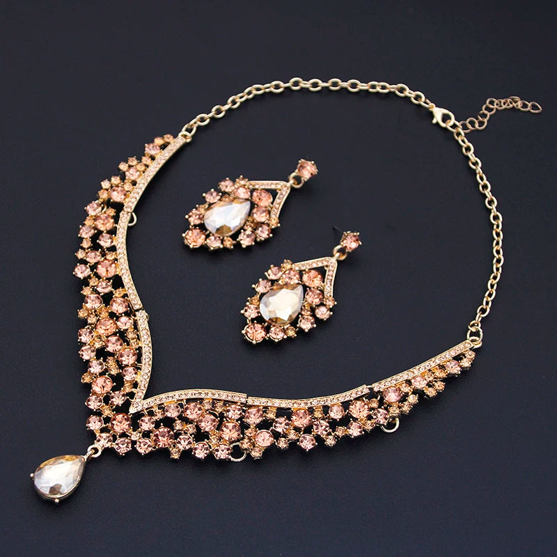 Champagne Colors Bridal Earrings Necklace Set Water Drop Rhinestones Crystal Adjustable Dubai Jewelry Set for Wedding Bride
