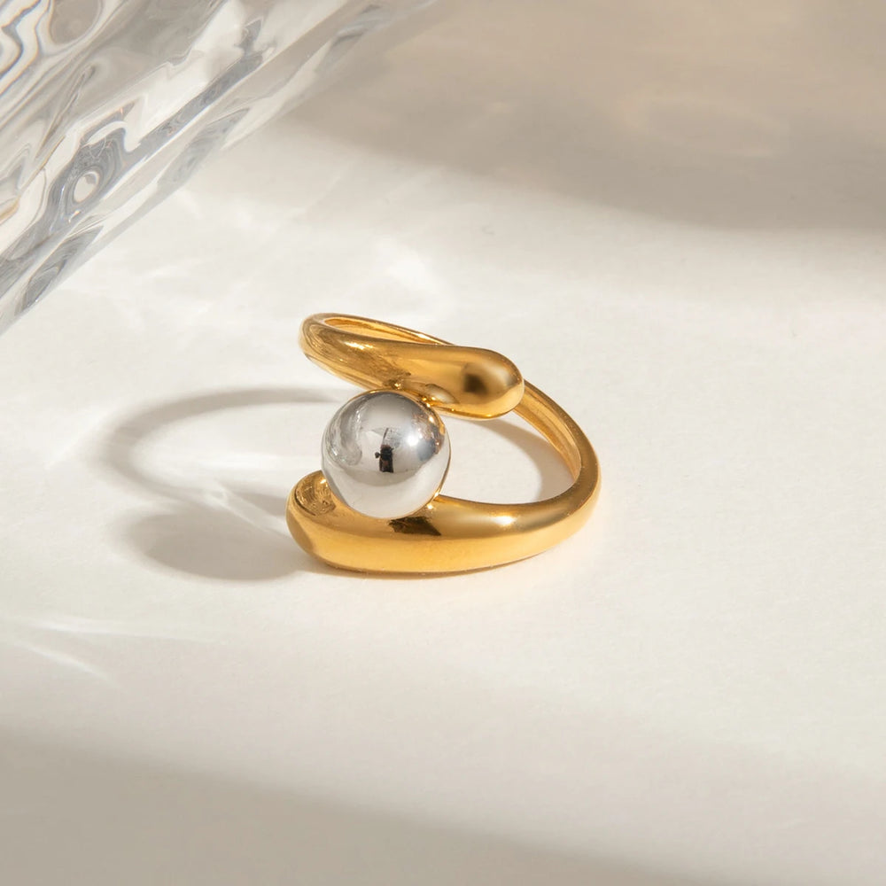 18K PVD Plated Gold Silver Color Matching Ball Three layer Opening Ring Women Anti Allergic Metal Charm Daily Jewelry
