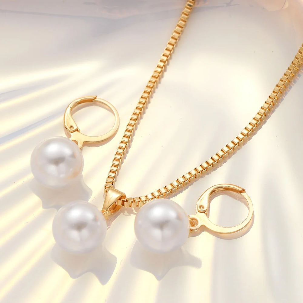 3 Pcs Round Pearl Jewelry Set Of Earring Pendant Necklace For Women Exquisite Fashion Rhinestone Double Wedding Jewelry Set Gift