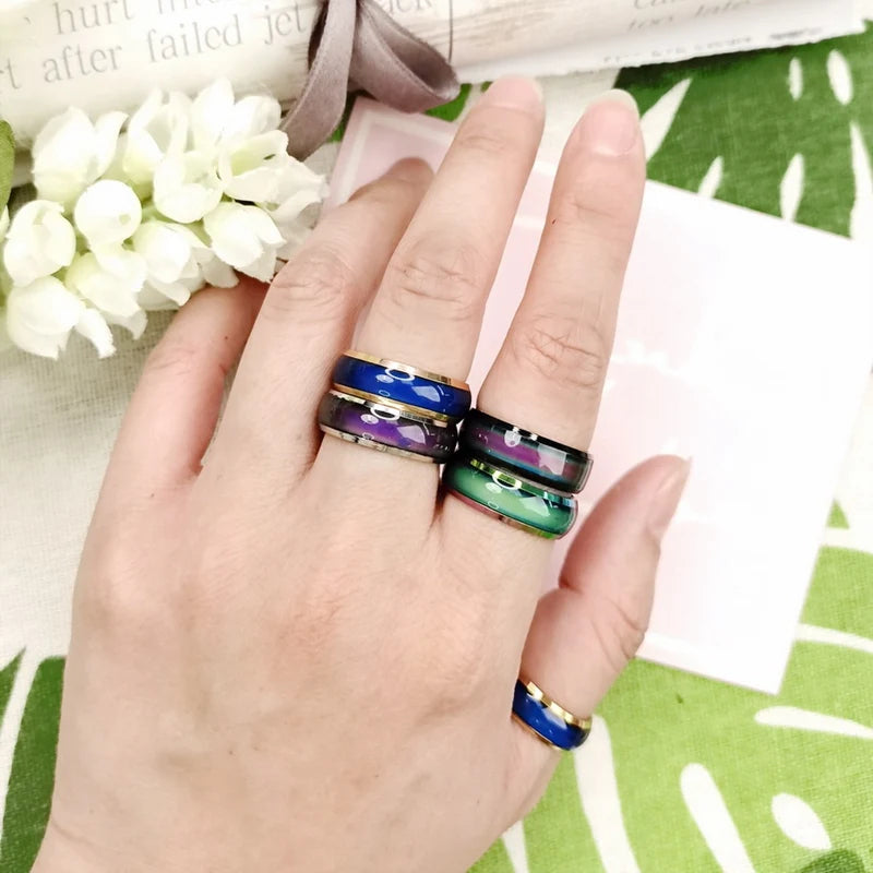 The innovative Smart Sensor Body Temperature Test Ring, a stylish stainless steel fashion accessory that showcases real-time color changes on your finger.