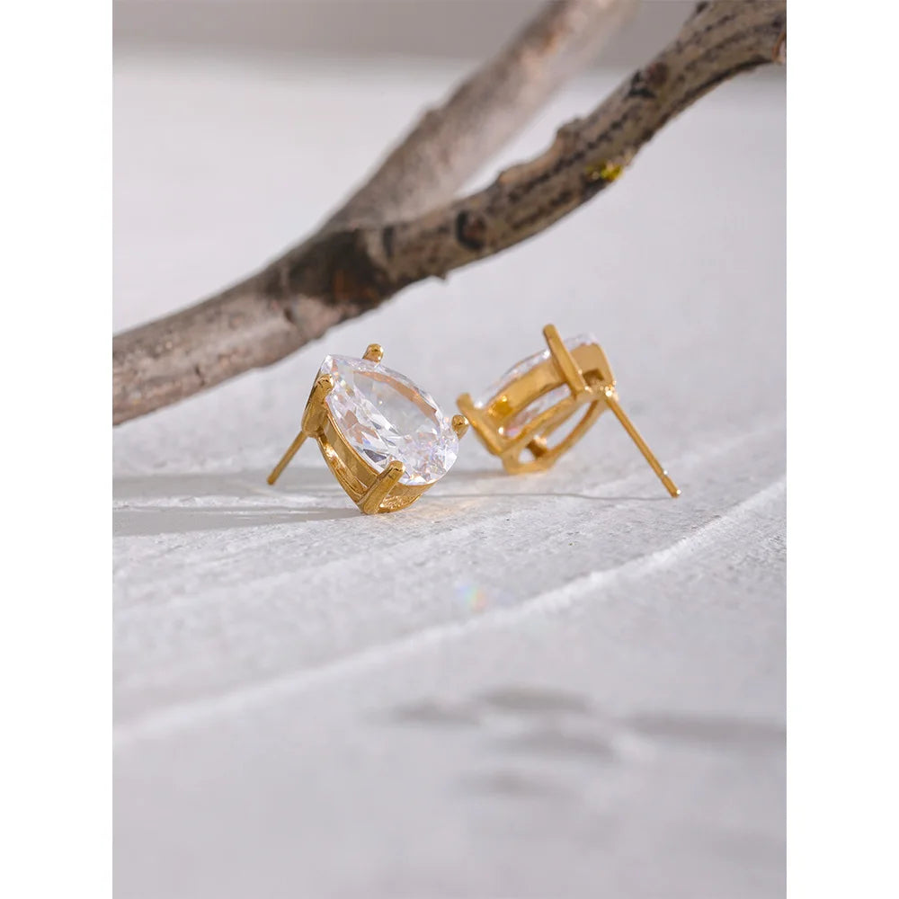 Delicate Shiny Cubic Zirconia Stainless Steel Water Drop Pendant Necklace Stud Earrings Waterproof Jewelry Chic Party Gift