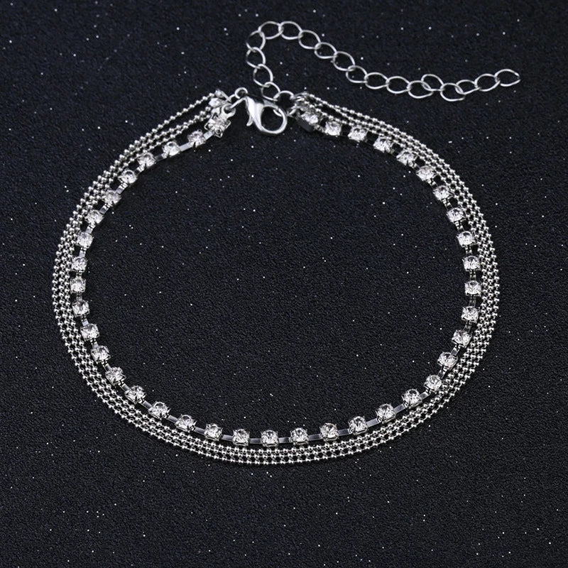 Silver Color Crystal Zircon 3 Rows Beads Anklet for Women New Fashion Chain Multilayer Rhinestones Foot Crystal 2024 Jewelry