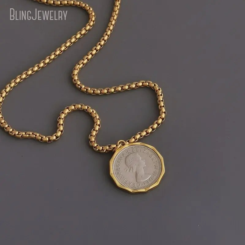 10pcs Waterproof Stainless Steel Box Chain Jewelry Lucky Six Pence U.K Elizabeth Coin Gold Color Women Medallion Necklace Tiki