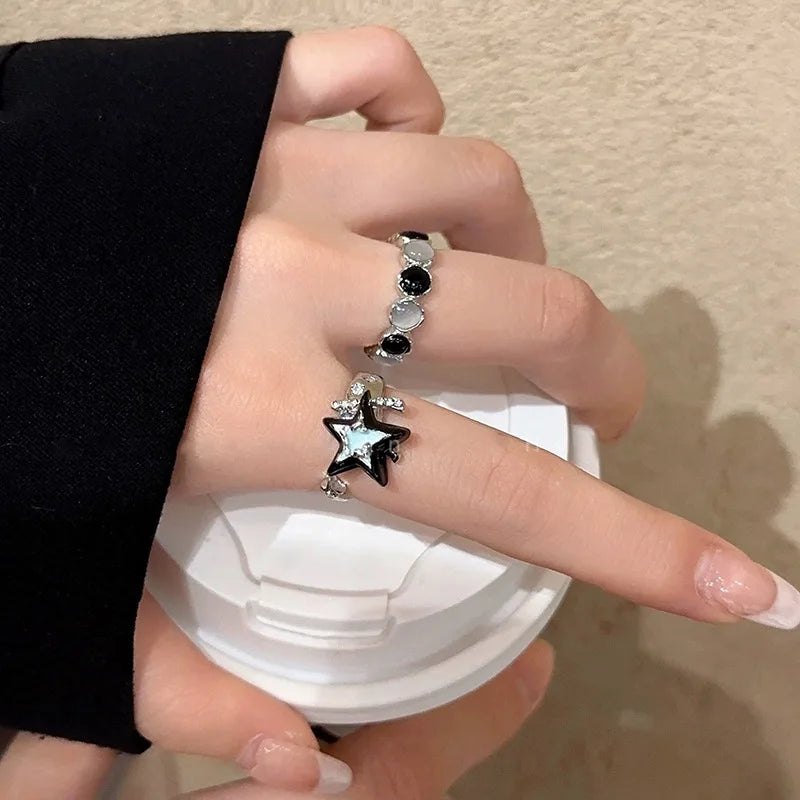 New Y2K Kpop Lucky Star Ring Heart Adjustable Irregular Geometric Punk Retro Women Crystal Ring Set Fashion Girls Jewelry Gifts