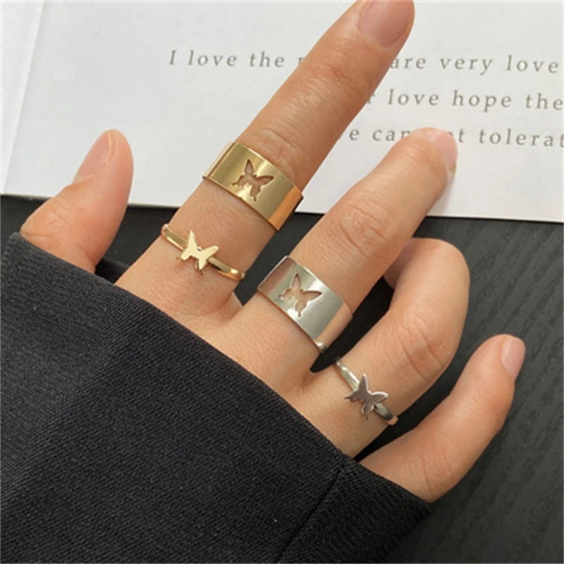 Silver Color Butterfly Rings For Women Men Lover Couple Ring Set Friendship Engagement Wedding Band Open Ring 2024 Trend Jewelry