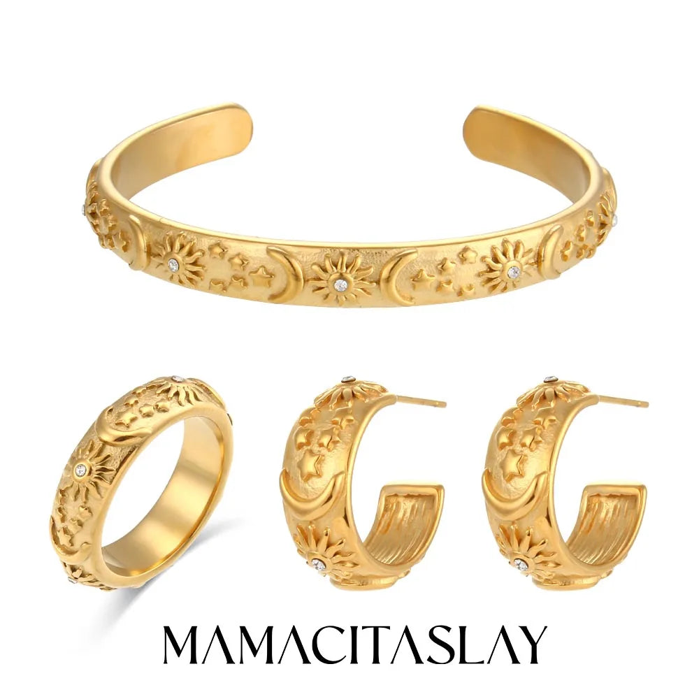 New Trendy Stainless Steel Sun Moon Star Earrings Rings Bracelets Design Waterproof Jewelry Women's Charming Gift