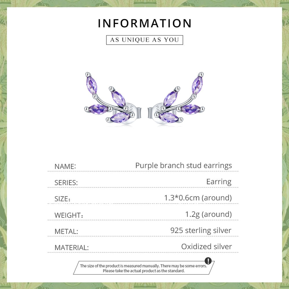 Genuine 925 Sterling Silver Purple Branch Stud Earrings