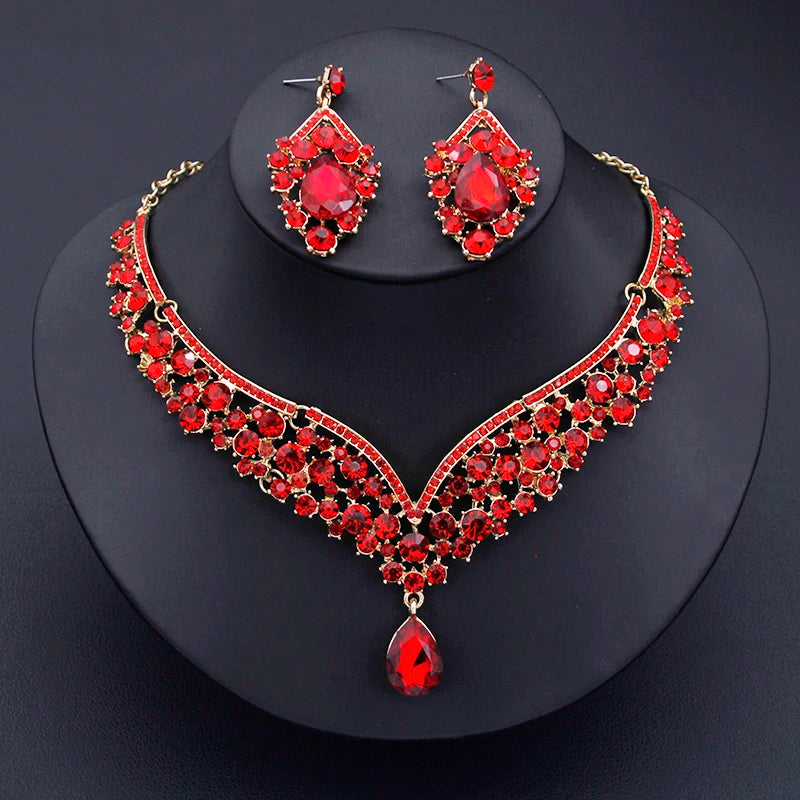 Champagne Colors Bridal Earrings Necklace Set Water Drop Rhinestones Crystal Adjustable Dubai Jewelry Set for Wedding Bride