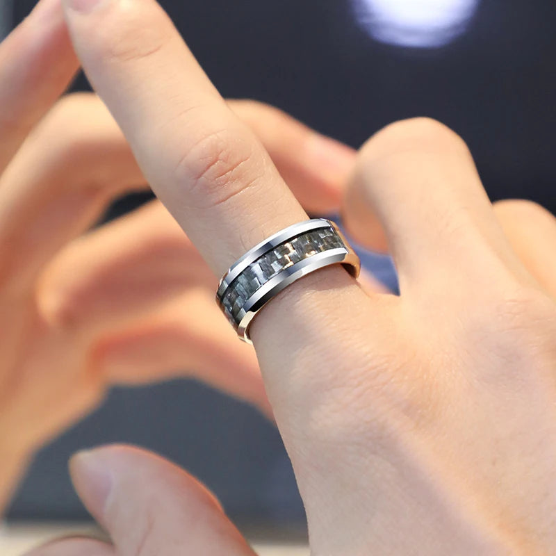 8mm Width Tungsten Engagement Rings with Name for Men High Polished Inlay Black/White Carbon Fiber Size 6-14 Free Engraving
