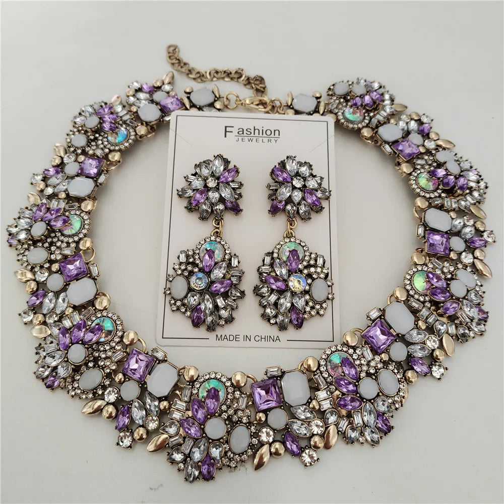 2025 New Fashion Crystal Rhinestones Large Collar Choker Necklace Earrings Women Jewelry Sets Indian Statement Wedding Necklace