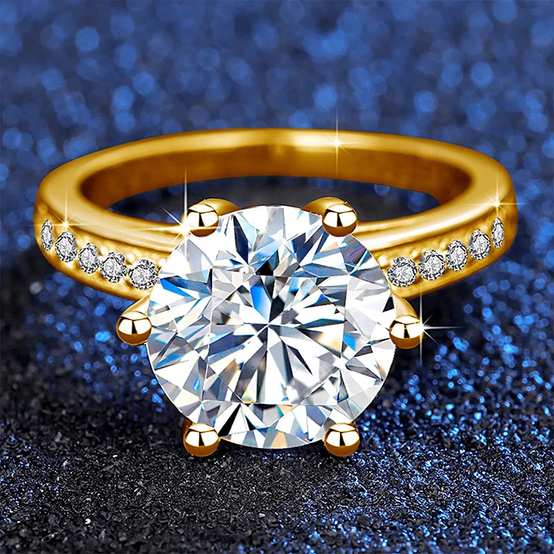 Yellow Gold 4ct Moissanite Ring With Certificate For Women Brilliant Cut Pass Diamond Tester Luxury Wedding Jewelry Top Quality