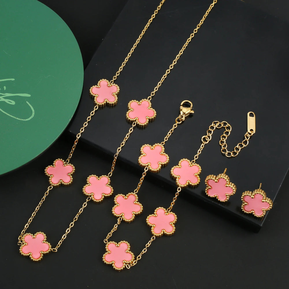 Hot Sale Stainless Steel Five Flower Clover Bracelet Jewelry Set Necklace Earrings For Woman Daily Wear Brand Jewelry
