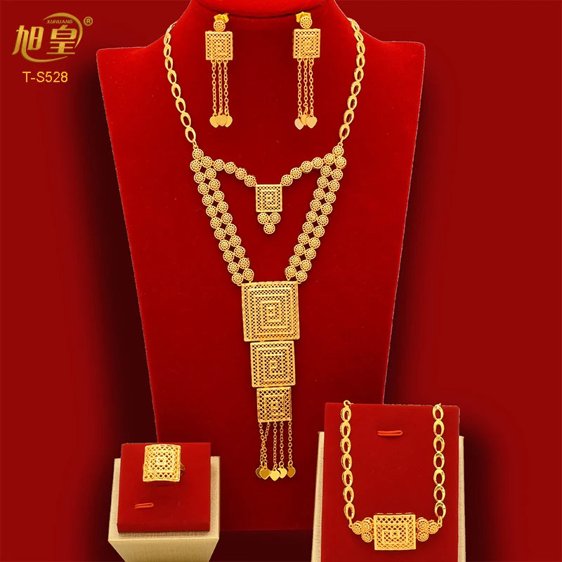 African Big Luxury 4PCS Dubai Gold Color Jewelry Necklace Sets For Women Bridal Wedding Sets 2024 Trend Jewellery Gifts