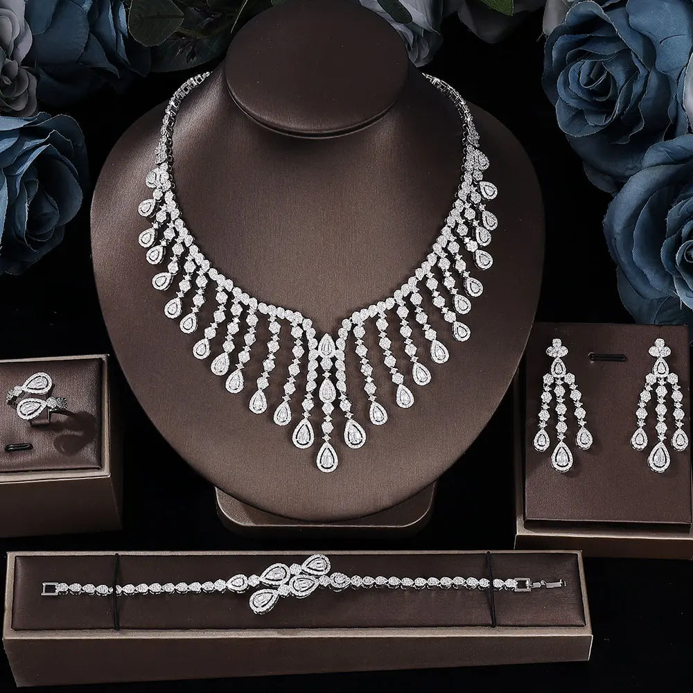 2025 New 4-piece Cubic Zirconia Bridal Wedding Set Dubai Women's Wedding Jewelry Set Nigeria Africa Necklace Earring Set