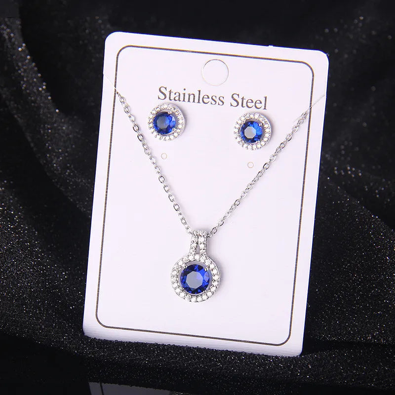 High Grade Round Zircon Jewelry Set Trendy Popular Stainless Steel Pendant Necklace Stud Earrings Party Gifts For Women Girls