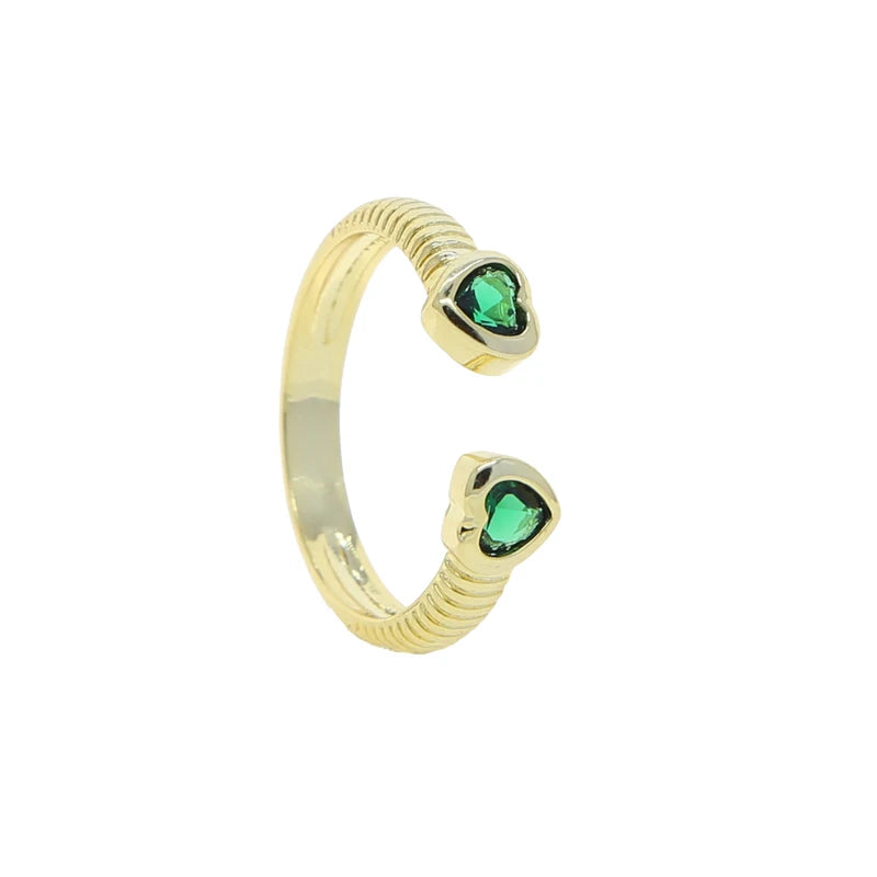 2025 Valentine's Day Fashion Gift Jewelry Gold Plated Pink Red Purple Green Heart Shaped CZ Open Finger Ring