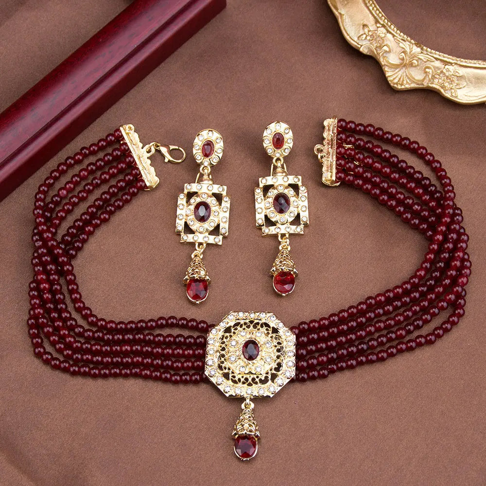 Algeria Beads Choker Necklace String Neck Chain Square Earring For Women Morocco Caftan Jewelry Arabic Bridal Bijoux