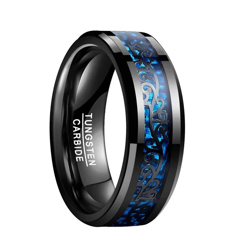 8mm Wedding Bands Engagement Ring Plating Black Tungsten Carbide Ring Inlaid Vine Pattern Blue Carbon Fiber Men's Jewelry