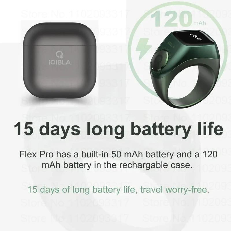 The Qibla Zikr Flex Pro is an aluminum alloy smart ring designed for Muslim Tasbih counting. It features a digital Tasbih counter and is IP67 waterproof. It comes in two different sizes and is compatible with various devices.