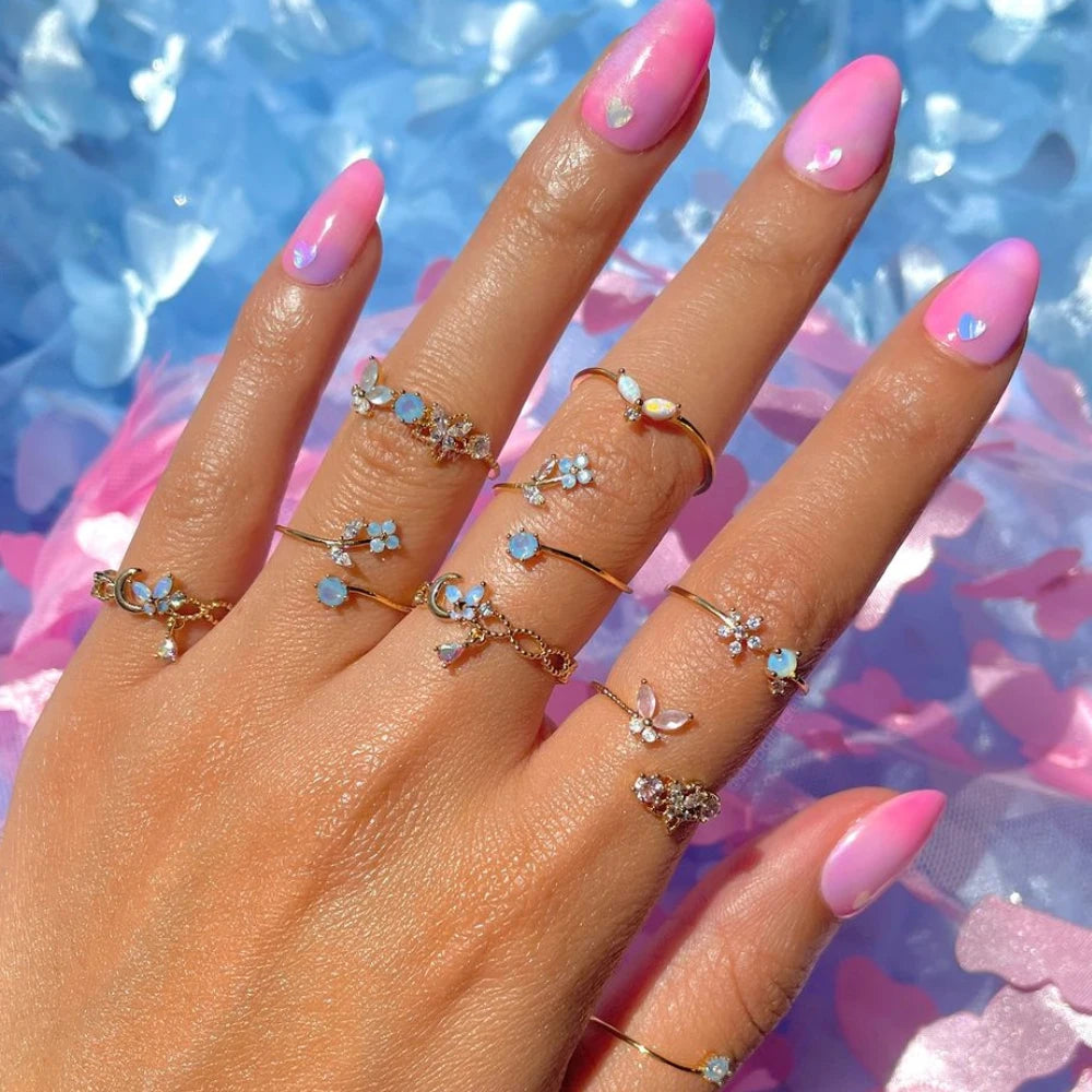 18K Gold Plated Simple Blue CZ Cute Flower Zircon Rings For Women Girls Teens Open Ring Fashion Aesthetic Jewelry