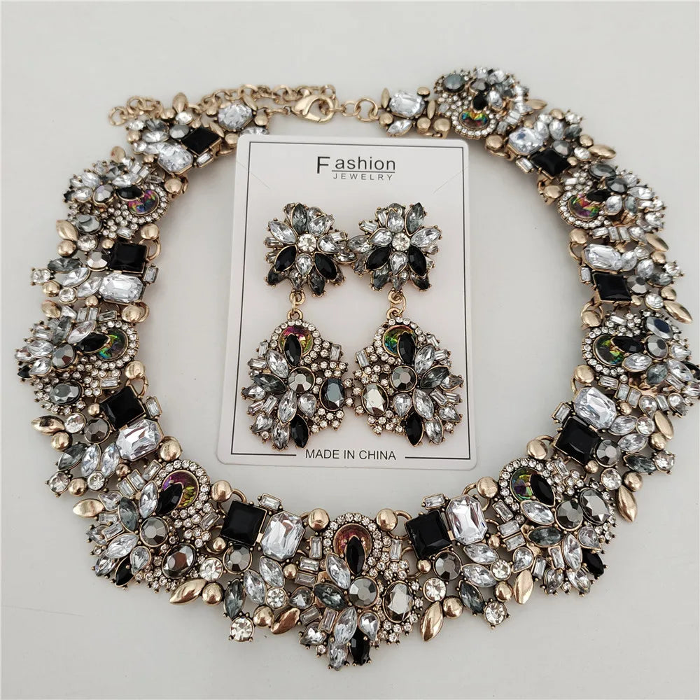2025 New Fashion Crystal Rhinestones Large Collar Choker Necklace Earrings Women Jewelry Sets Indian Statement Wedding Necklace