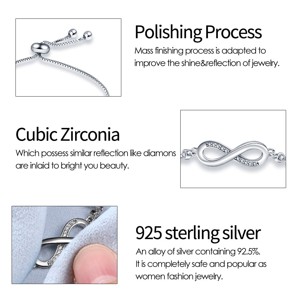 Designed with timeless classic style, this 925 Sterling Silver Infinity Bracelet adds a luxurious look to every ensemble. Perfect for women who cherish fine jewelry, this bracelet is sure to take any outfit to the next level.