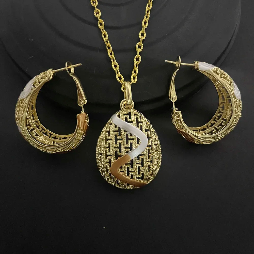 24K Gold-plated Two Piece Copper Jewelry Set India Dubai Jewelry Gold Warped Geometry Necklace Earrings