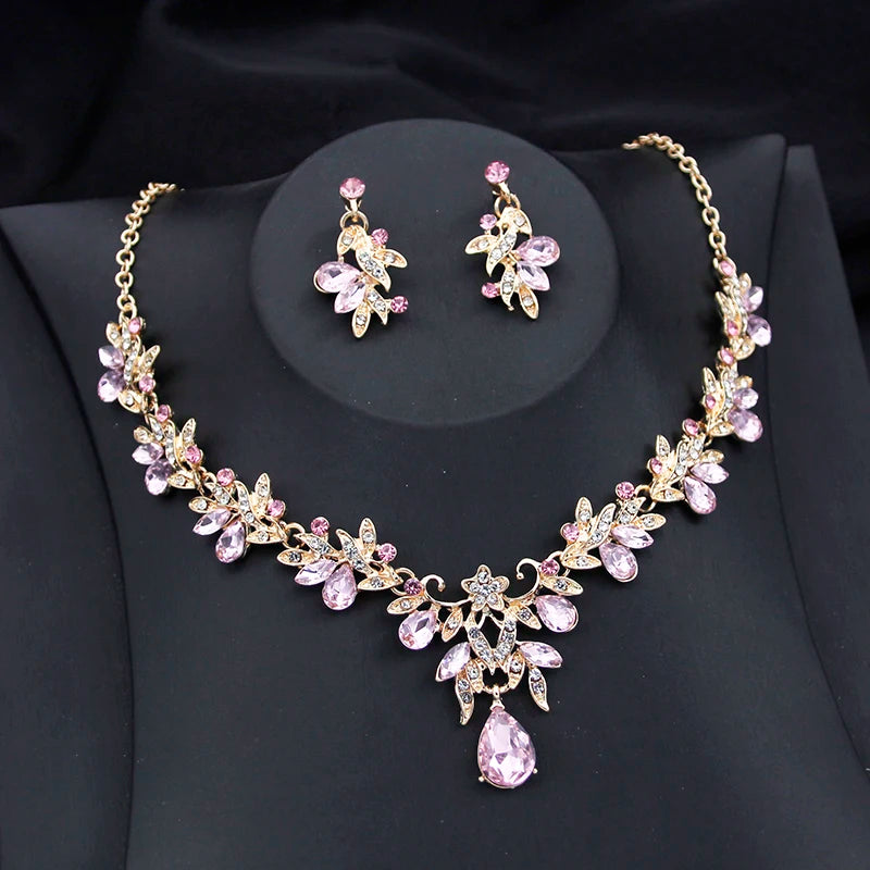 Exquisite 2 pcs set Flower Pink AB crystal bridal wedding jewelry sets for women dangle earrings and necklace sets Blue Green