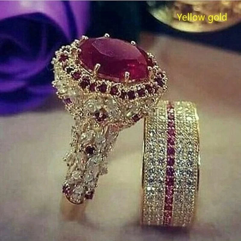 Elegant Gold Color Hip Hop Ring for Women Fashion Inlaid Zircon Red Stones Wedding Rings Set Party Bridal Engagement Jewelry