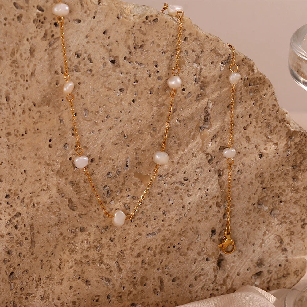 Anti-allergy Stainless Steel Chain Freshwater Pearl Chain Necklace Bracelets For Women Gold Plated Jewelry Set