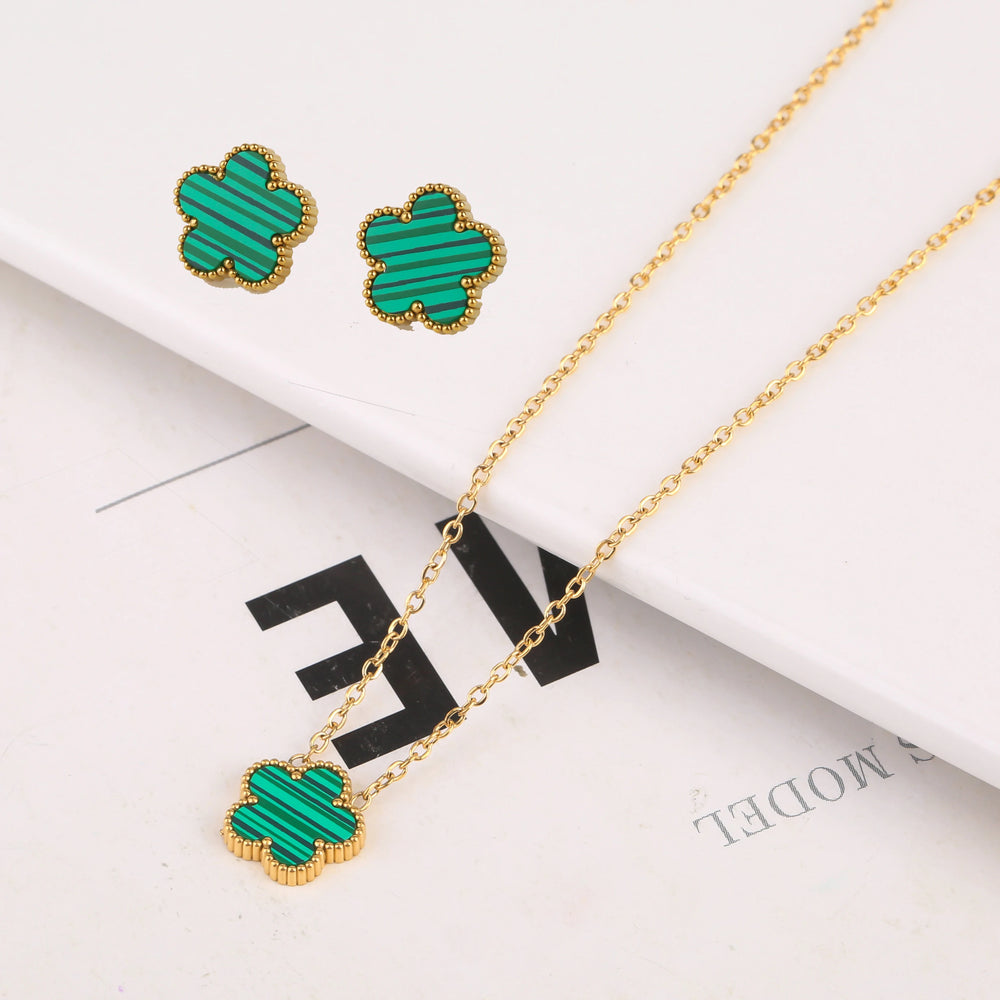 2pcs/Set Flower Stainless Steel Pendant Necklace Earrings For Women Trending New In Fashion Jewelry Set Accessories Clover