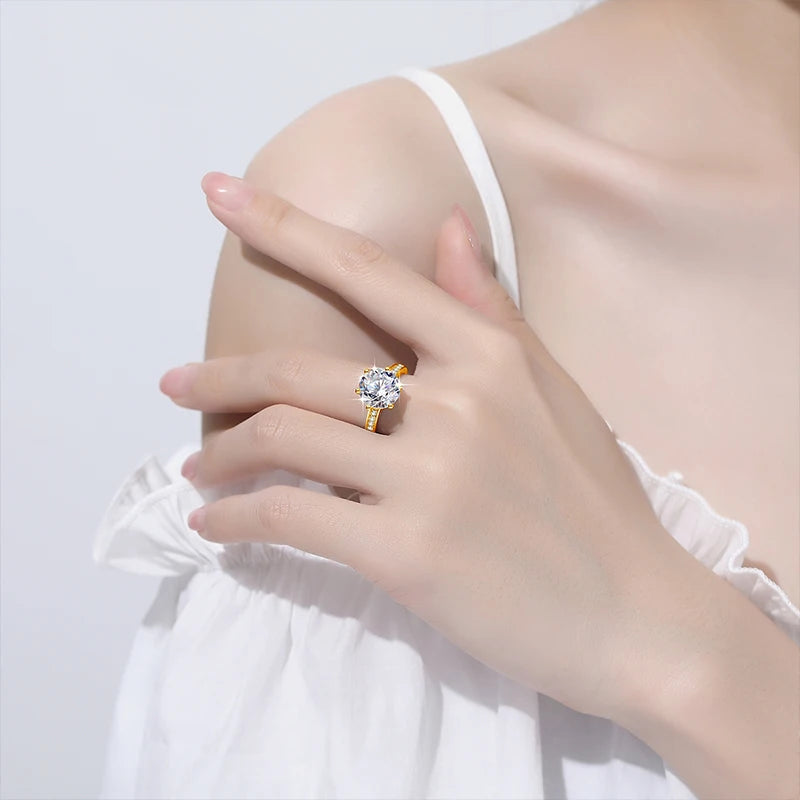 Yellow Gold 4ct Moissanite Ring With Certificate For Women Brilliant Cut Pass Diamond Tester Luxury Wedding Jewelry Top Quality
