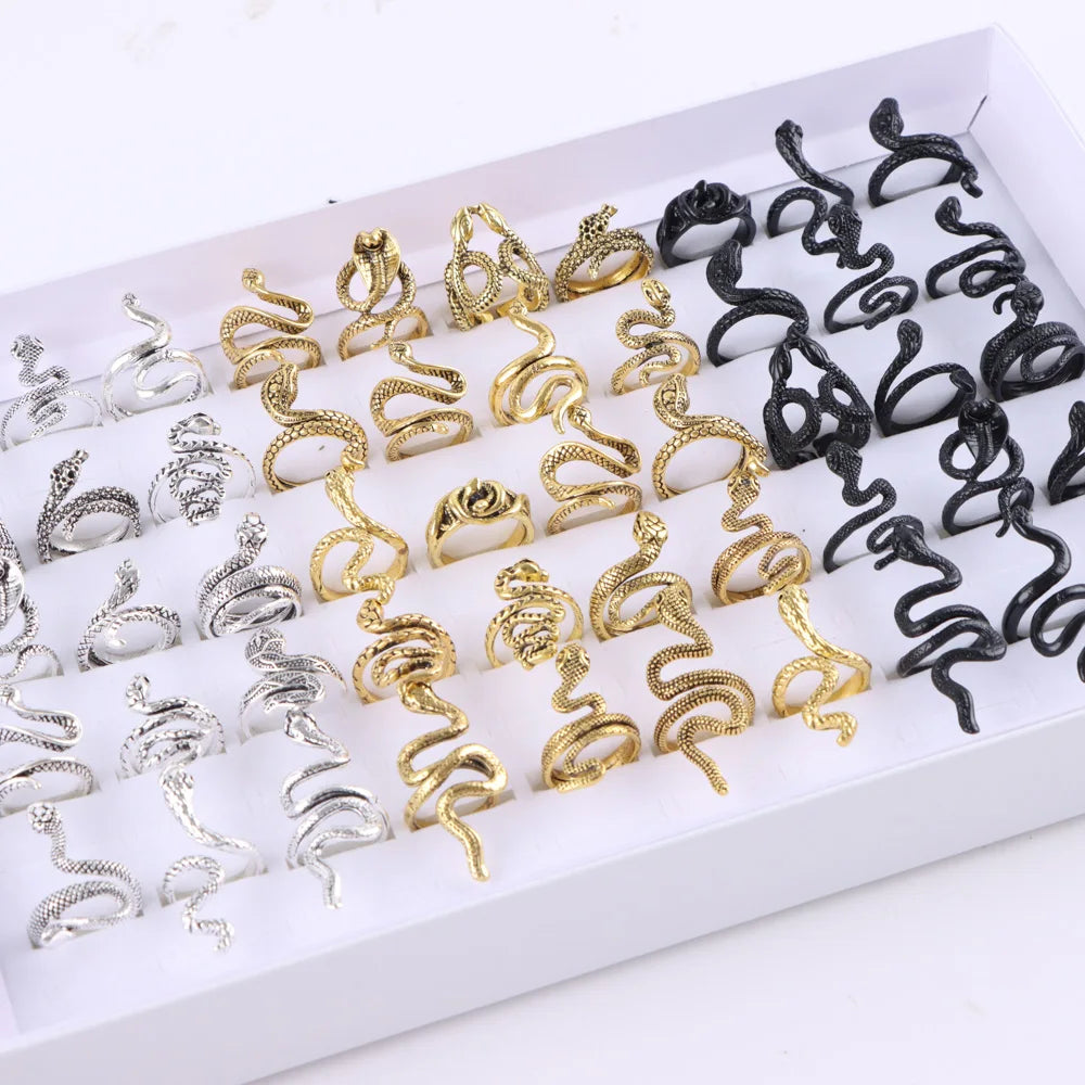 10Pcs/Lot New Fashion Punk Animal Snake Opening Rings For Men Women Gothic Mixed Style Jewelry Party Gifts