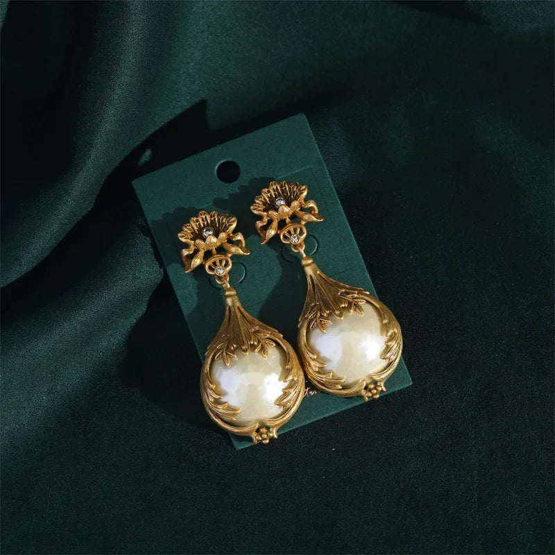 High Luxury Romantic Drop Baroque Pearl Pendant Vintage Jewelry Sets Cooper Flower Necklace Earring Ring Women Wedding Bride