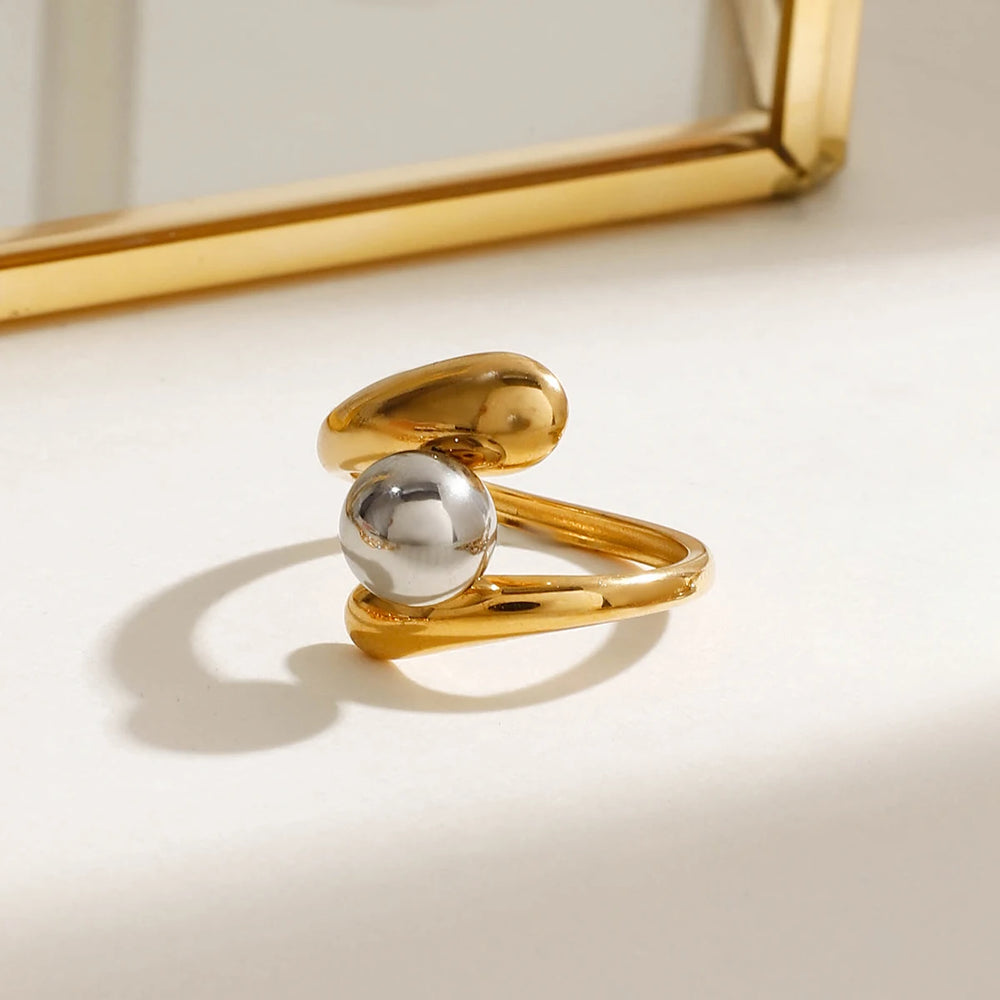 18K PVD Plated Gold Silver Color Matching Ball Three layer Opening Ring Women Anti Allergic Metal Charm Daily Jewelry