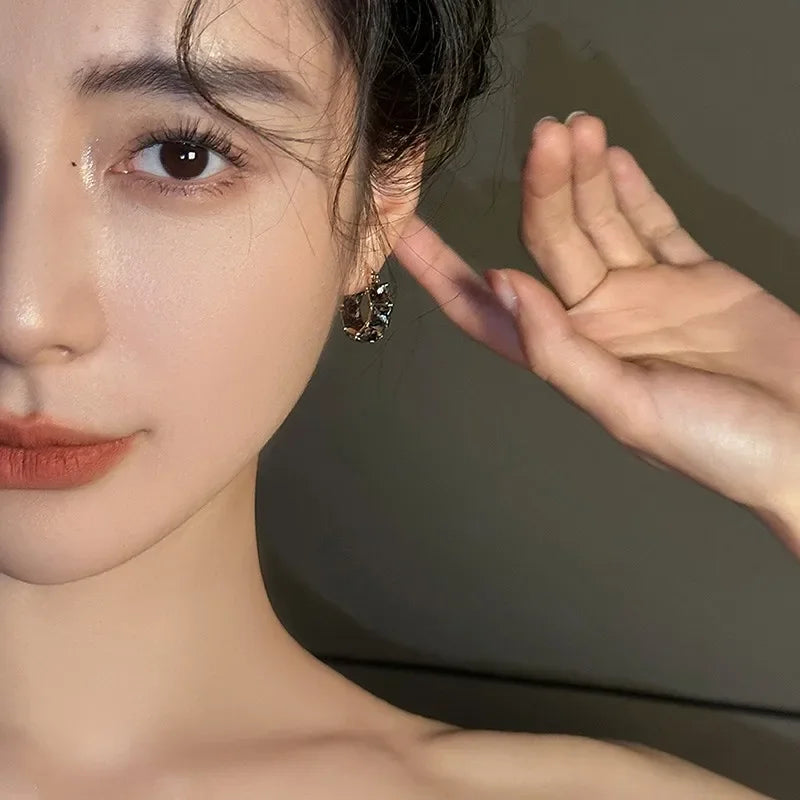 2023  Gold Plated Korean New Design Fashion Jewelry Square Grey Crystal Earrings Elegant Women's Daily Work Accessories