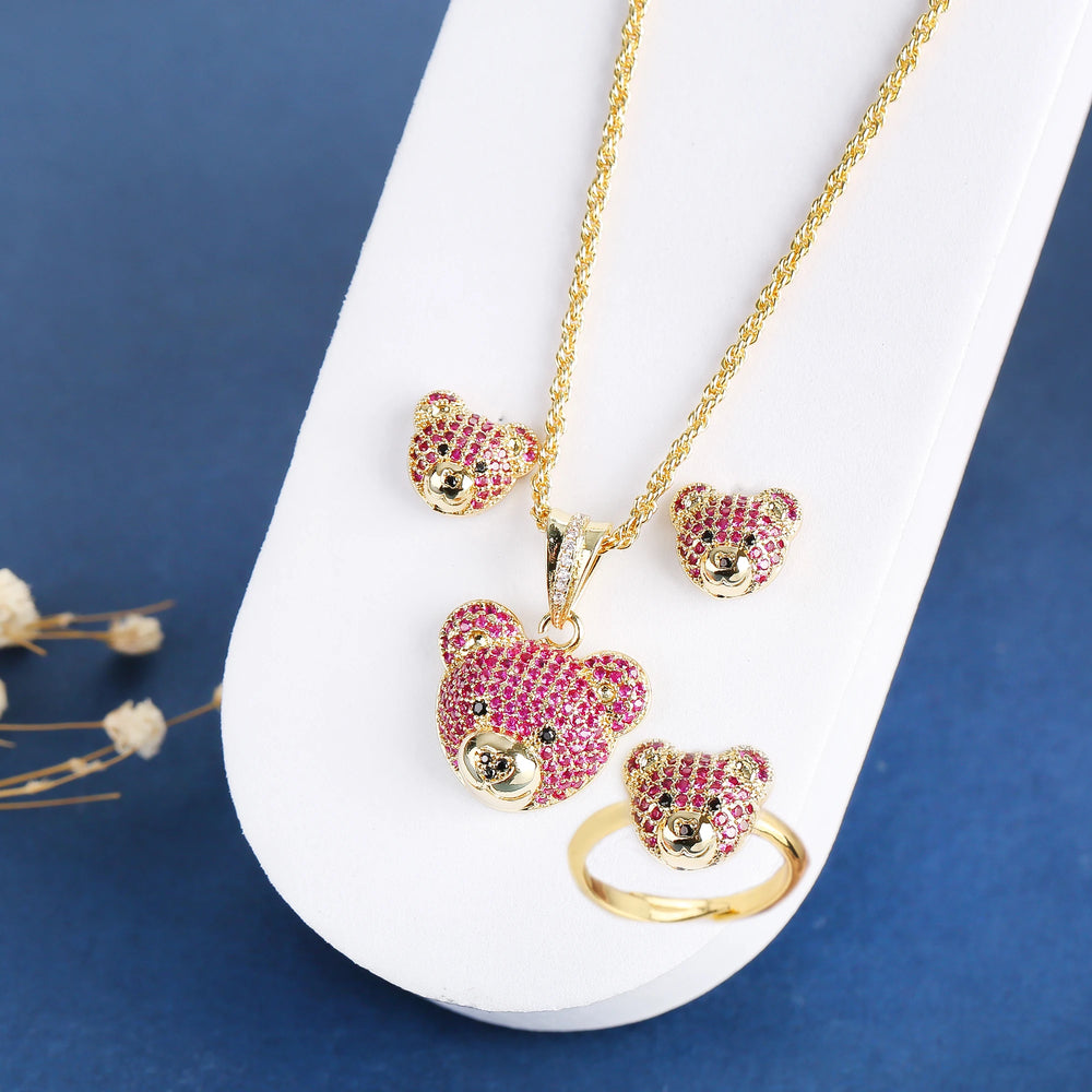3pcs Exquisite Shiny White Red Zirconia Bear Jewelry Set Necklace Earrings Ring Cute Animal Jewelry Accessories For Women Girls