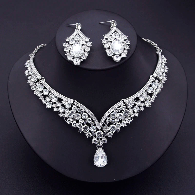 Champagne Colors Bridal Earrings Necklace Set Water Drop Rhinestones Crystal Adjustable Dubai Jewelry Set for Wedding Bride